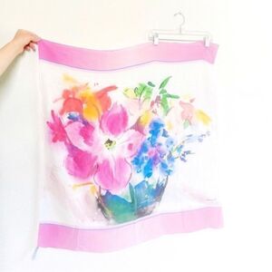 vintage silk scarf floral watercolor pink colorful flower print wrap neck tie